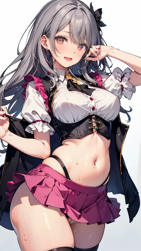 girl, gray haired, short haired, yellow eyes, small breasts, cat hair ornament, side lock, gray haired, shiny hair, uniform, (golden eyes: 1.2), (Two long triangular extensions on the skirt, belly vest corset), white buttons on vest corset, (I took off my ...