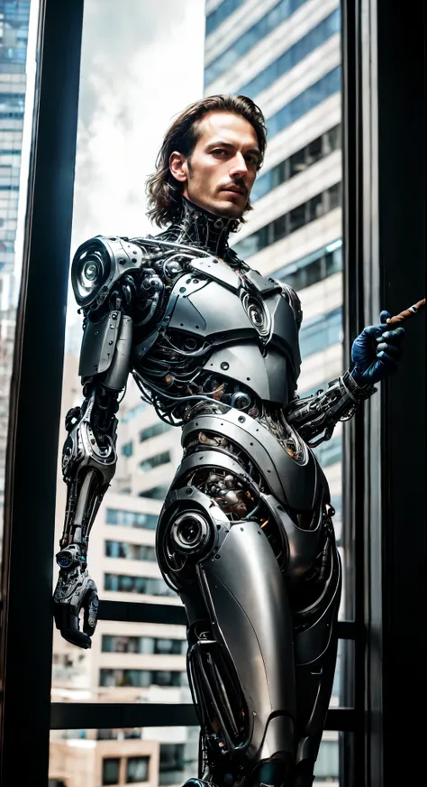 a skyscraper office in the big city, the cyborg man sits in a luxurious chair and holding a smoking cigar in his hand, high quality, absurdres, masterpiece, beautiful, intricate details, 1/2 body crop, slim body, beautiful figure, magnificent anatomy, (int...