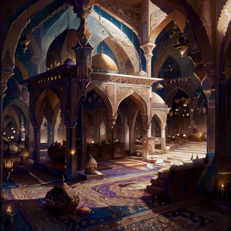 crescent moon, mosque, islamic patterns, high detail, expressionism, realism, sparkle, depth of field, cinematic lighting, backl...