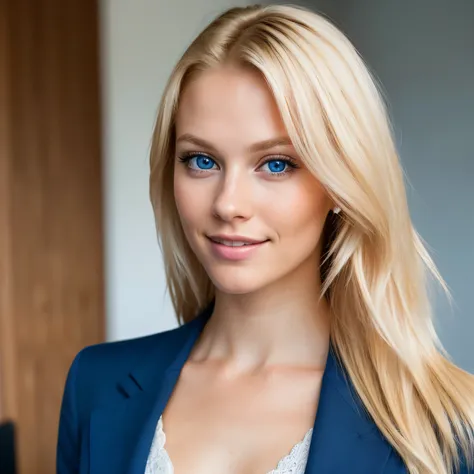 portrait photo of a 24-year-old blonde, (right half of body: 1.4), solo, cute, upper body, RAW photo, 8k UHD, high detailed skin, masterpiece, photography, ultra realism, realistic, realistic hair details, indoor, office, friendly, soft light, ig blue eyes...