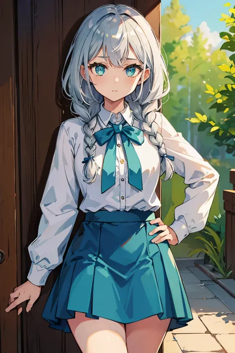 The girl is tall, Silver hair, hair braided in one braid, light green eyes,  bright skin, gold brooch, blue skirt, a white blouse