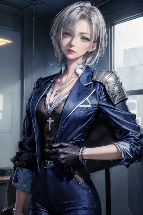 cinematic lighting、highest quality,A bright cyberpunk world、1 female、(20 year old beautiful woman、Detailed beautiful facial 、short hair、shoulder length hair、blue eyes:1.4)break,medium hair、（vivid Shiny BLUEヘアカラー:1.6）
break
 (Perfect dark black jacket blaze...