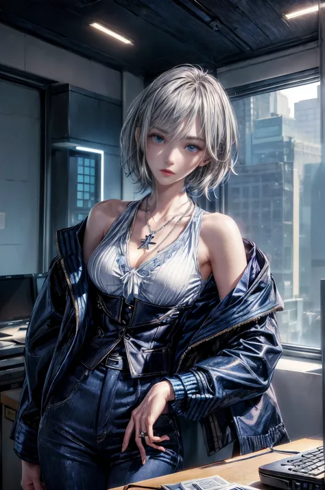 cinematic lighting、highest quality,A bright cyberpunk world、1 female、(20 year old beautiful woman、Detailed beautiful facial 、short hair、shoulder length hair、blue eyes:1.4)break,medium hair、（vivid Shiny BLUEヘアカラー:1.6）
break
 (Perfect dark black jacket blaze...