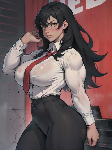 girl muscles huge breasts pale skin very long hair black hair yellow eyes sad blushing solo frown very long hair very long hair leggings tight shirt long sleeves 