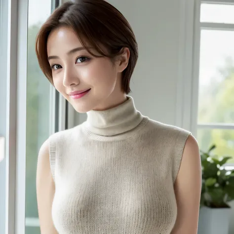 (highest quality、table top、8K、best image quality、Award-winning work)、1 woman、(Perfect sleeveless turtleneck knit sweater dress in random colors:1.3)、(straight short hair:1.1)、(baby face:1.2)、the biggest smile looking at me、(big breasts:1.5)、perfect fit、(em...