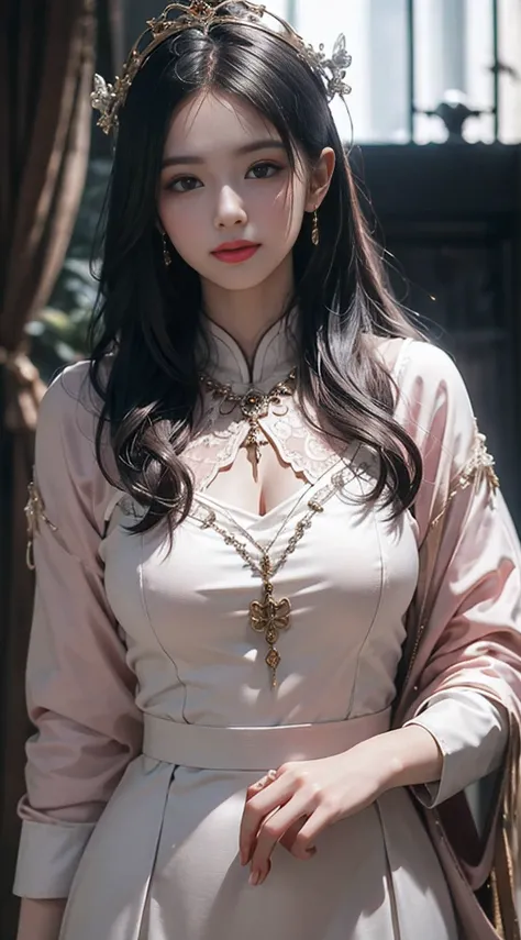 Portrait of a women saint of 28 years old, Saint with a beautiful and super cute face,Wearing a very thin and sexy Ao Dai, Beautiful cute face, There is a deep slit in the chest、Black and white lace trim attractive Ao Dai, Beautiful face without blemish, L...