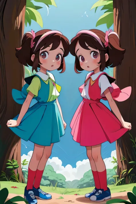 (Two brunette twins, de 5 anos, roupas rosa) Elas aprendem sobre as cores enquanto pintam e exploram o mundo ao seu redor. (twin 11 year old girls)