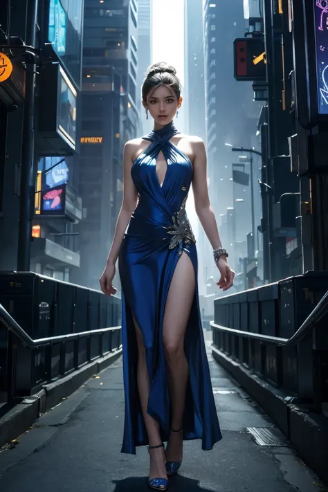 beautiful asari maiden in a sci-fi city, full body image