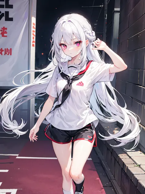 Long silver-white hair and waist，purple eyes，Red eyes，different students，Wearing black sports short sleeves，white sports shorts，White knee-length socks，Running in the school playground，issue card，medium height girl，Lovely，Qi bangs，There are braids