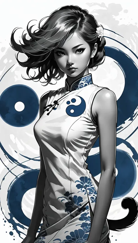 (Pencil_Sketch:1.2, messy lines, greyscale, traditional media, sketch),a girl, flesh red eyes,streaked hair, streaked hair, Blue and white porcelain cheongsam, Black and white yin yang tai chi background, gangster girl, backlight, Deep shadows, cat silhoue...