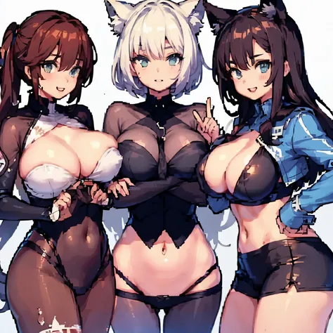 Three girls with big breasts in short clothes 