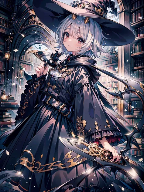 (masterpiece), best quality, highly detailed, a magus girl with white hair holdding a magical scythe, witch hat, huge horn, fril...