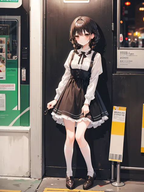 Short black messy hair，brown eyes，Princess dress，blush，medium build，slim girl，White knee-length socks，issue card，Head rope，braid，Waiting in front of the subway station