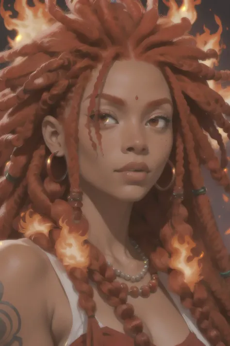 a close up of a woman with red dreads and a necklace, dreadlock breed hair, red afro dreadlocks on fire, red haired young woman, short dreadlocks with beads, long braided orange red hair, ankh, woman with red hair, zora, braided beard redhead dreadlocks, f...