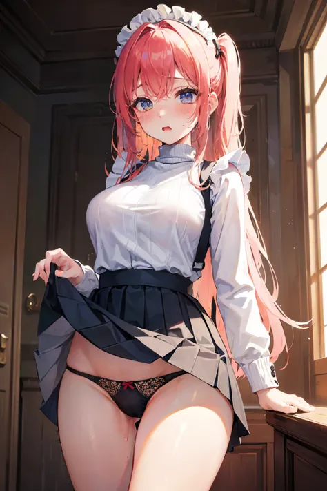 ８K, highest quality, masterpiece, wearing knit sweater & miniskirt, (Flirtingly lifting her skirt to show her panties:1.3)、I can see a little of your panties、super detailed、maid姿、random hair color、random pose、random outfit、、embarrassed expression、blush、who...