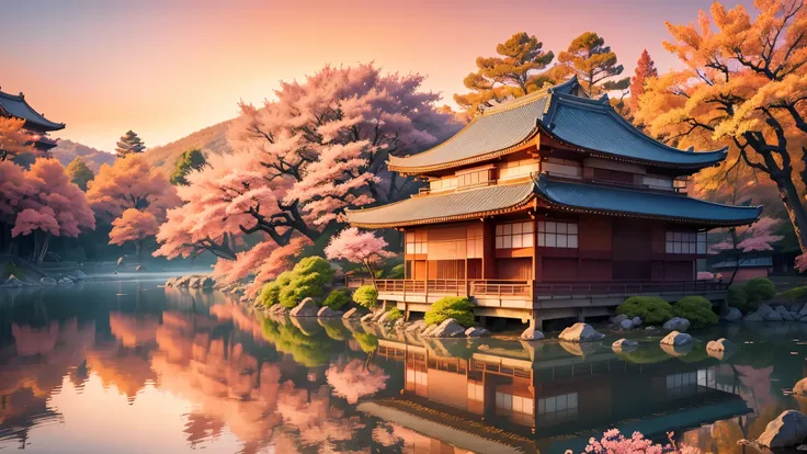 ancient japan, beautiful sakura trees with pink flowers, ancient japanes style houses, 4k realistic, natural beauty, Orange sky, Sunset, bright colors, 4k, masterpiece, 8k pink leaves, orangish-red sky., house in midst of a lake, pagoda type house