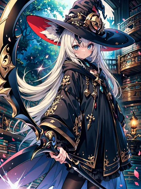 (masterpiece), best quality, highly detailed, a magus girl with white hair holdding a magical scythe, witch hat, huge horn, fril...