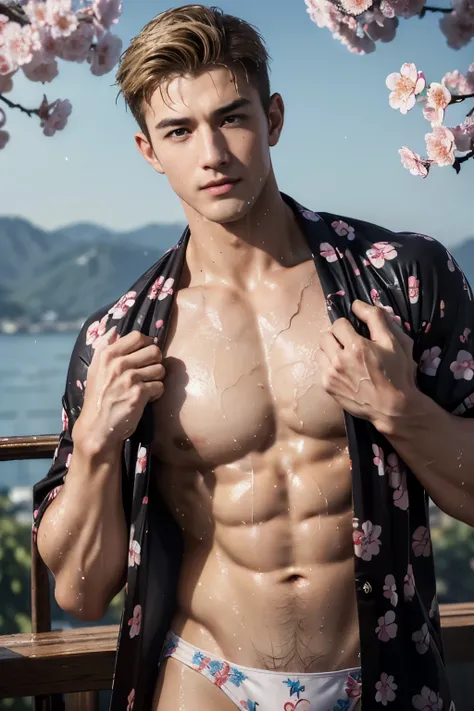 (Photorealistic: 1.2, Top Quality, 8k, Wet: 1.3), (Man, hands on his chest), 20-year-old blonde Ukrainian bodybuilder, actor, cherry blossom patterned yukata, black underwear, (sweat: 1.2, wet: 1.2), fine skin, (film lighting, chest hair, arm hair), soft l...