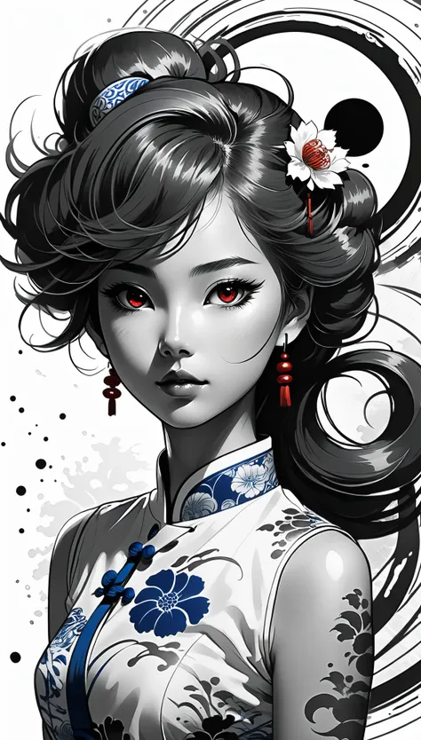 (Pencil_Sketch:1.2, messy lines, greyscale, traditional media, sketch), a girl, flash red eyes, streaked hair, streaked hair, Blue and white porcelain cheongsam, Black and white yin yang tai chi background, Deep shadows, Charming suit cheongsam design, per...