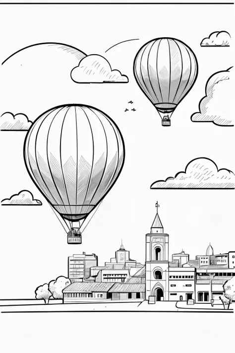 Coloring book for kids, no lines inside of the drawing, one hot air balloon in the sky, sunny day, a bird in the sky, cartoon, full body, outline of the drawing in bold line, white background, ancient city background image, b/w outline, line art, sketch st...