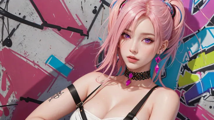 (Masterpiece, best quality, 1 girl, alone, complicated details, Chromatic aberration), realistic, ((Moderate breath)),long hair, pink hair, Red headpiece, Pink Highlights, hair on one eye,purple eyes, earring, sharp eyes, choker, Neon coat, She wears a col...