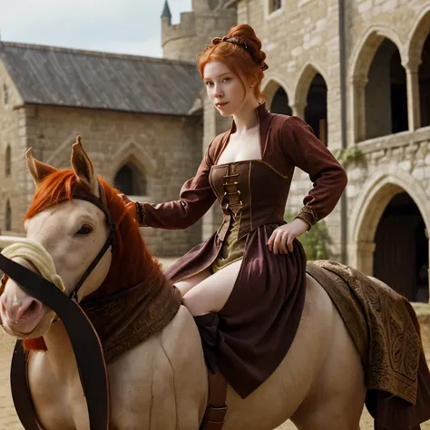 A young redhead, with an Empress bun hairstyle, in medieval dress, riding her horse in a random setting