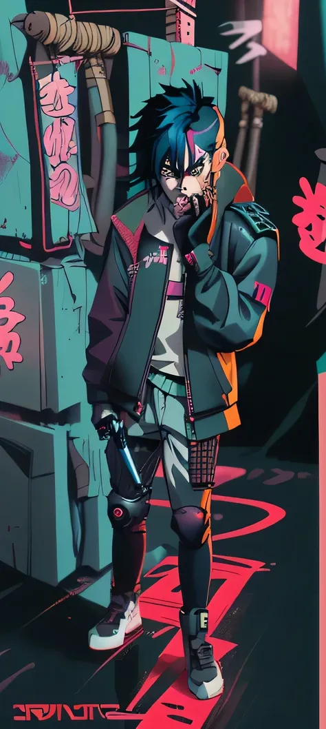 Anime style cyberpunk teenage boy with a katana and smg gum