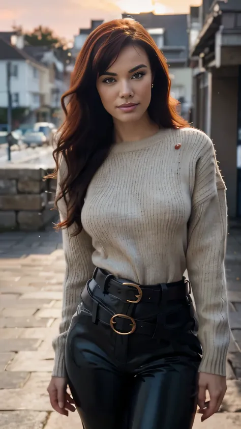 Foreground: a gorgeous Bettie page, age 18, wet wavy red hair in the wind. shes a men magazine model, She has a subtle smile and flirts with the camera, (she wears casual shirt with a long wool sweater and latex pants with big belt:1.2),background gorgeous...