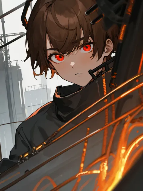 (masterpiece, best quality, absurd resolution, very detailed eyes), 1boy, solo, solofocus, brown hair, short hair, red eyes, bangs, extreme closeup, teenager, posing, cyberpunk, black clothing, steel mill, large warehouse, molten liquid, molten steel, indu...