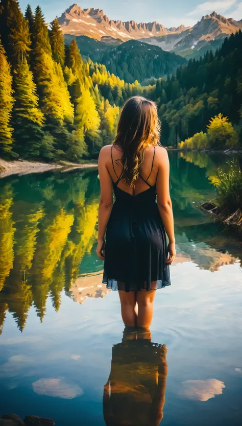 Wome looking at her reflection in a lake