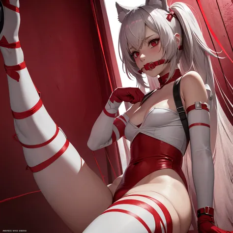 Anime Femboy, taped up, gagged with a red fabric gag, intricate details, hyper-realistic CG rendering, Soft light, Close-up perspective, ISO 400, 4k resolution, vivid colors, intense contrast.