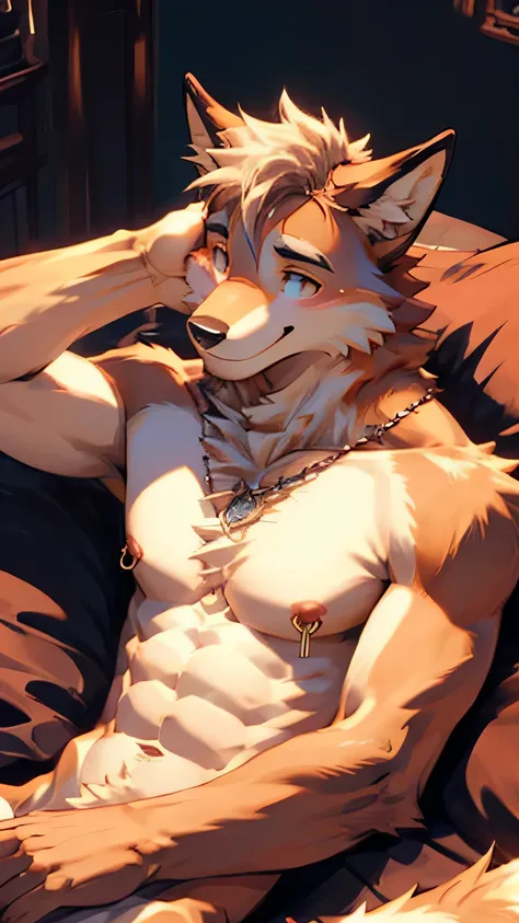 Anthropomorphic fox, In good condition, Pale pink fur, white, Smile, heartwarming,  Handsome, OK, Lying in bed，canine,  male, giggle, (Slim, muscular, exquisite eyes), white内衣，Shy，naked，Nipple rings，no necklace