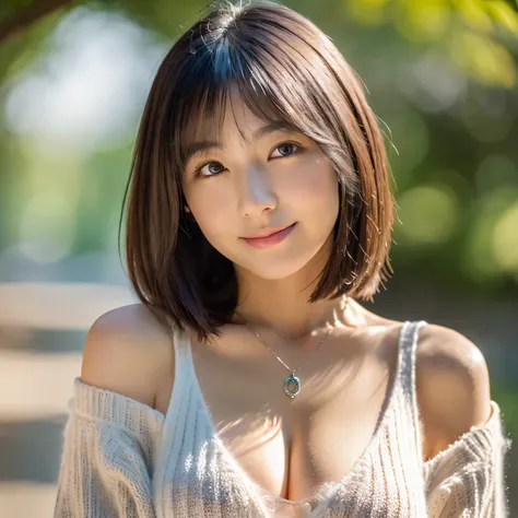 (highest quality、8K、32k、masterpiece、nffsw:1.2)、photo of cute japanese woman、big breasts:1.4、very short bobbed hair、Upper body、surface focus、extra large_sweater、necklace、simple background、From above、looking at the viewer、cleavage:1.5、balanced body、selfie