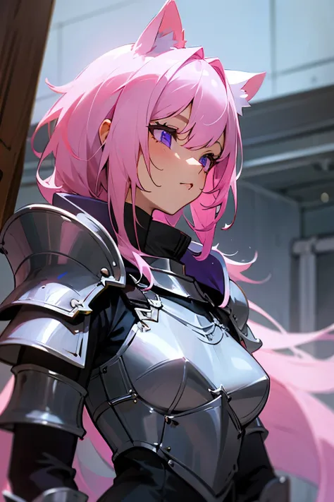 Cute girl, pink hair, violet eyes, cat ears, knight armor, Femboy, My girl, girl