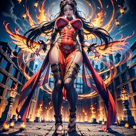 （full body picture，full body display），((epic composition，Ancient battlefield of China，A woman wearing a flowing red dress，There is a pair of flame wings behind him，whole body xianxia，high ponytail，25 years old，Mature，majesty，cold，Photographed from below，Co...