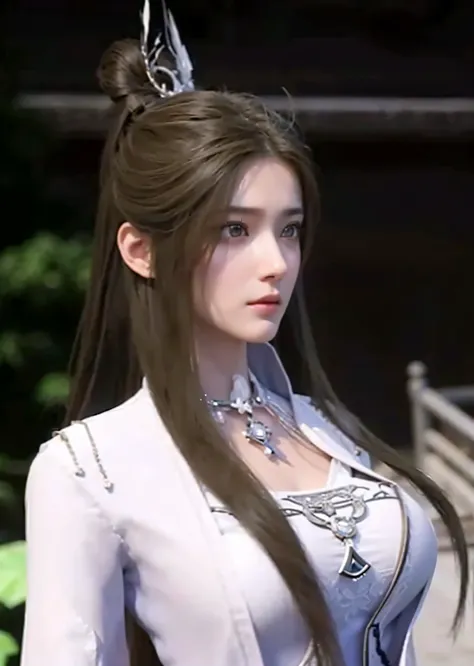 a close up of a woman with long hair wearing a white shirt, game cg, 3 d anime realistic, xianxia fantasy, xianxia hero, xianxia, inspired by Li Mei-shu, trending on cgstation, realistic anime 3 d style, inspired by Zhao Yuan, yun ling, inspired by Huang J...