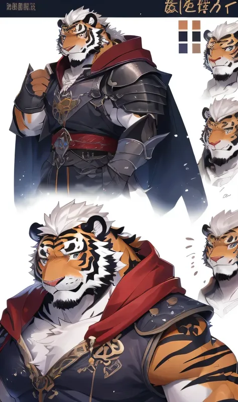 perfect anatomy, (ultra deTailed), sharp focus, Eye, brown lizard Eye, hairy, light white fur, hair on top of head, black beard, There are dark circles in the ears，human nature (tiger), male, middle aged, Tachibana main body, white belly, Tail,orange eyebr...