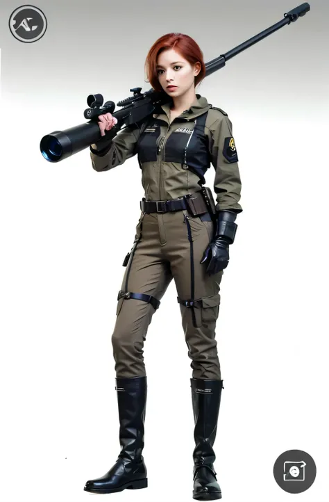 Redhead female spy holding a sniper, hyper realistic