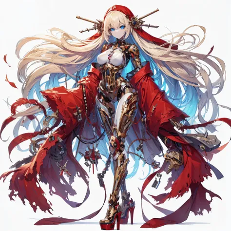 (masterpiece, Best Quality), (Perfect athlete body:1.2), (detailed hairs), Ultra-detailed, Anime style, Full body, Solo, mechanical undead lady, pale gold hair and glowing ultra-blue eyes, pale blue skin, ragged red Japanese nun’s habit, red ragged kimono,...