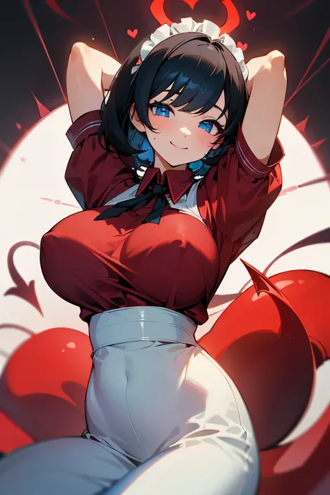 Girl, short black hair, circle above her head, light blue eyes, melting smile, large breasts exposed from the top, tight red shirt with short sleeves, neck exposed to the chest, sexy, maid clothes, devil tail, hearts 