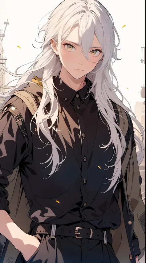 yellow eyes,beautiful young man, white hair, long hair, high quality, amount of drawing, pixiv illustration