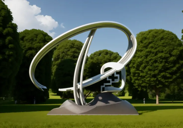 There is a sculpture of a round object in the park, abstract sculpture, an abstract sculpture, Modern Sculpture, 3D Sculpture 8K Octane Rendering, 3D sculpture octane render 8k, Inspired by Richard Wilson, metal sculpture, metal sculpture, Cube and round s...