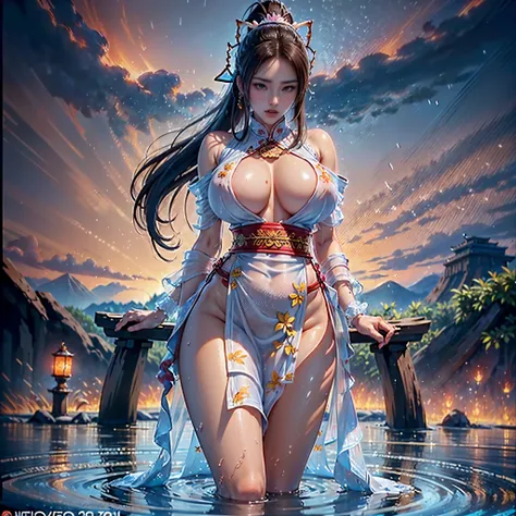 (full body picture,full body display),((epic composition,Ancient battlefield of China,A woman wearing a flowing white gauze skirt,water goddess,There is a pair of water wings behind him,whole body xianxia,high ponytail,Photographed from below,Rich scene de...