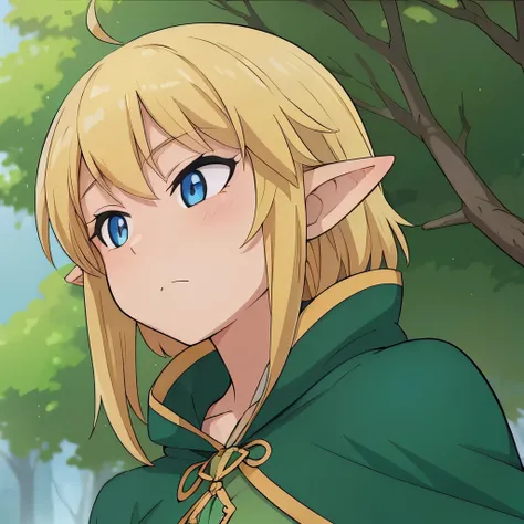 high quality, masterpiece. girl. elf. Green hunting cloak. Short blond hair. длинные elfийские уши. Blue eyes. calm face. against the background of a fox.