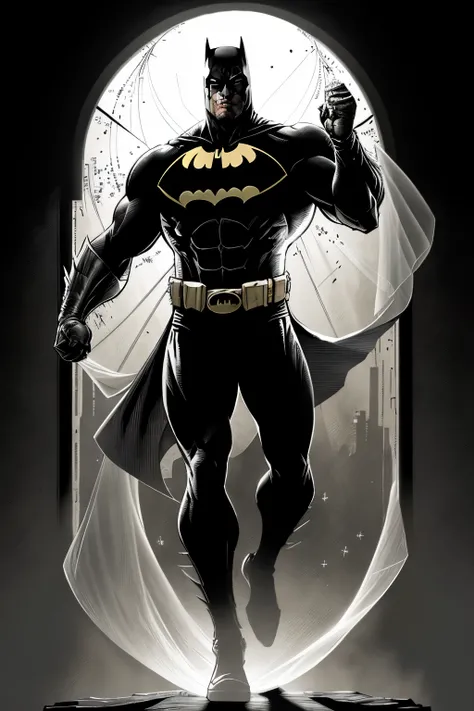 In the captivating world of Batman, a full-bodied image emerges, masterfully crafted in the esteemed style of Joe Kubert. Batman, the dark protector, is depicted in this intricately detailed work of art with his hands raised above his head, arms outstretch...