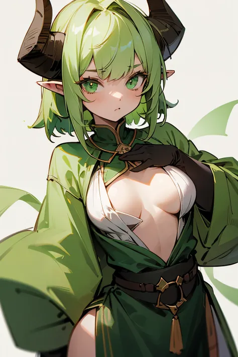 Girl, short light green hair, green eyes, has horns, pointy ears, dwarf, large chest