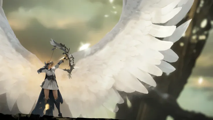 il y a une femme avec un arc et des ailes tenant un arc, ailes d&#39;epic angel, angle de blindage avec aile, ethereal wings, winged archer, d&#39;Huge feathery wings, ailes d&#39;ange massives, High Angel Distant Shot, Des ailes gigantesques, angelic wing...