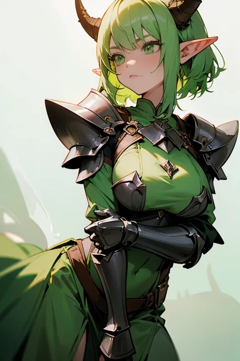 Girl, short light green hair, green eyes, horns, pointy ears, elf, big chest, knight armor 