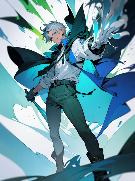 Tall man in his 30s with gray hair, gray eyes. Wearing a blue hooded cape, dressed in a white button shirt, green short pants, and blue gloves. He also wears a belt and boots. Pose masculina. Background with explosion of colors. Muchos colores en el fondo.