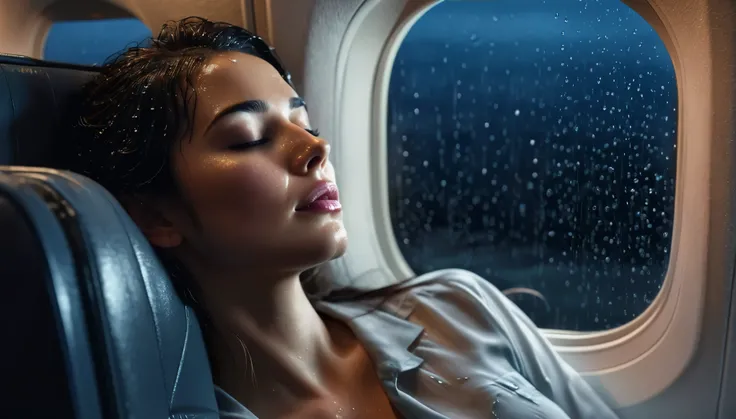 photorrealistic image of a woman sleeping on a  plane at a dark and rainy night, raindrops on windows beside her